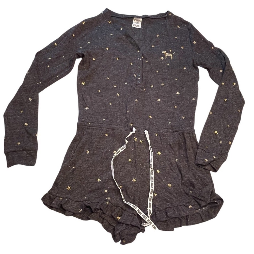 Victoria's Secret Pink Sleepwear Pajama Romper Women's Size Large Stars Ruffle